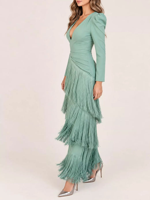 Fringed V-Neck Puff Sleeve Maxi Dress - alternate view 5