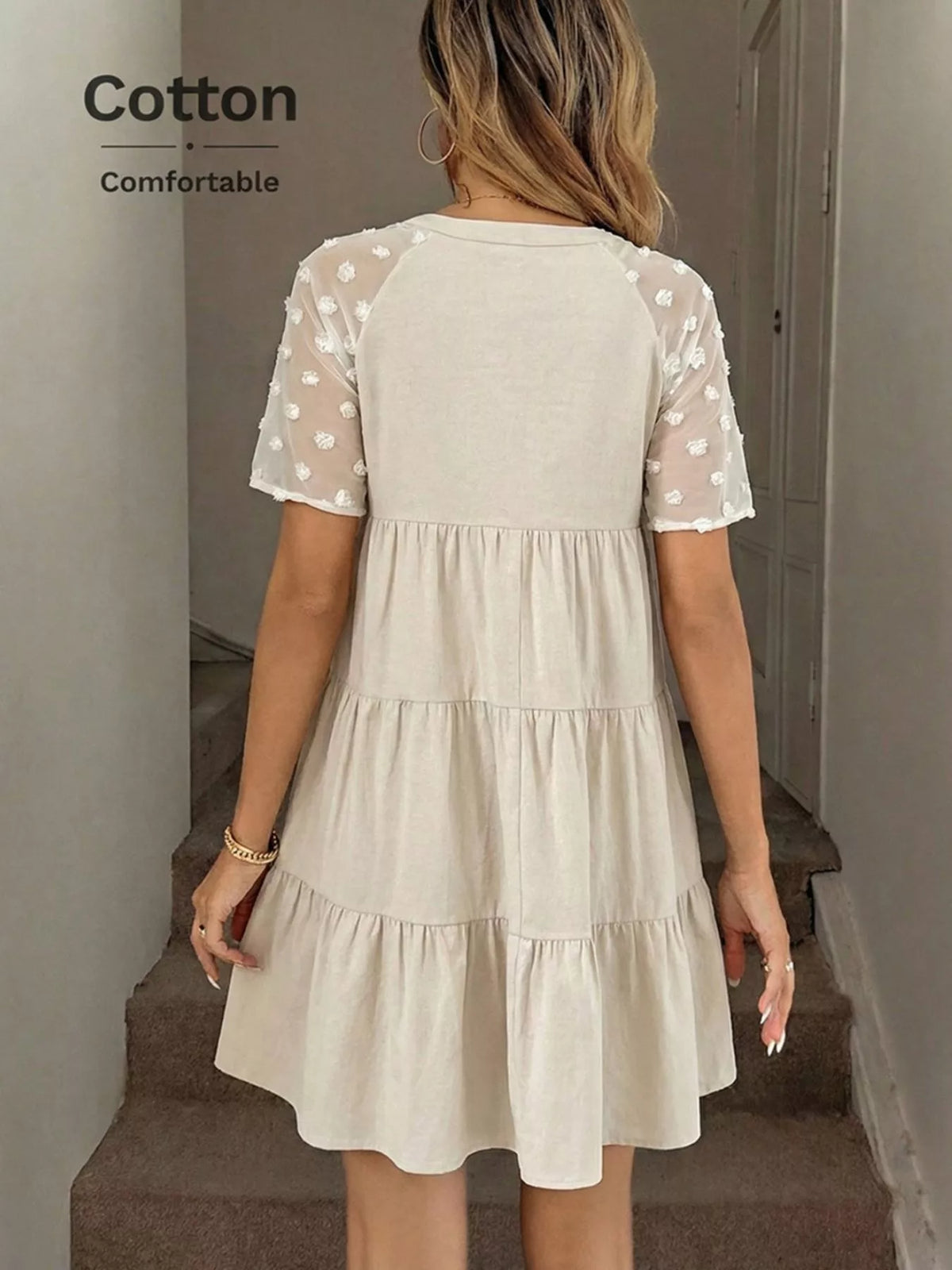 Casual Tiered Mini Dress with Swiss Dot Sleeves - alternate view 3