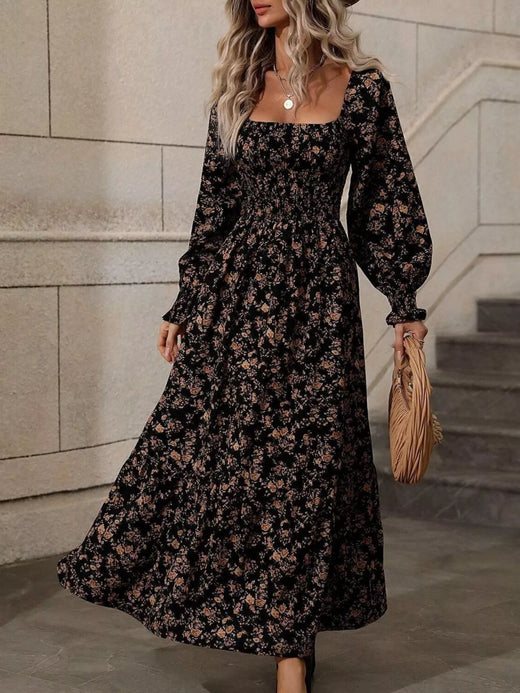 Floral Print Square Neck Smocked Midi Dress - alternate view 5