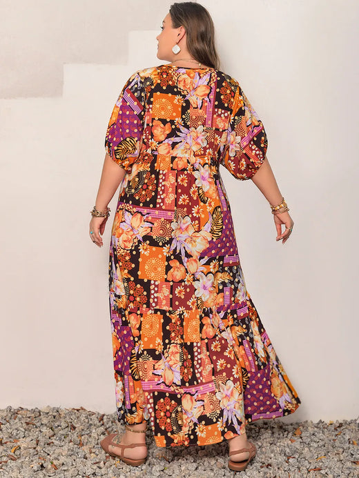Printed V-Neck Half Sleeve Maxi Dress - alternate view 2