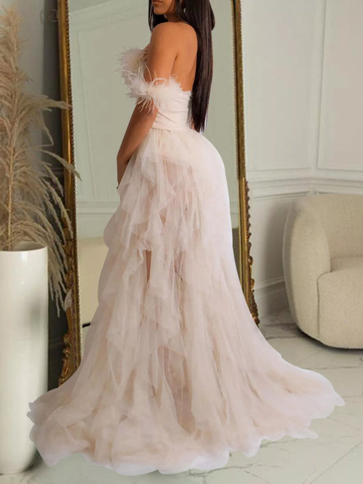 Feathered Corset Tulle Evening Dress - alternate view 4
