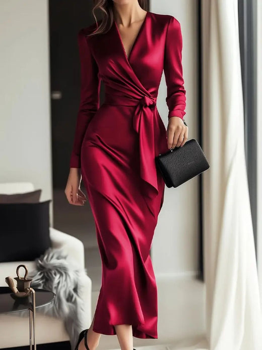 Satin Tie Waist Long Sleeve Dress - alternate view 4