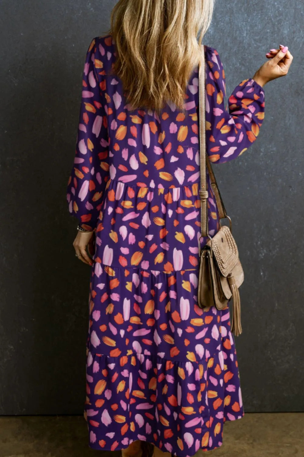 Printed Notched Long Sleeve Dress - alternate view 3