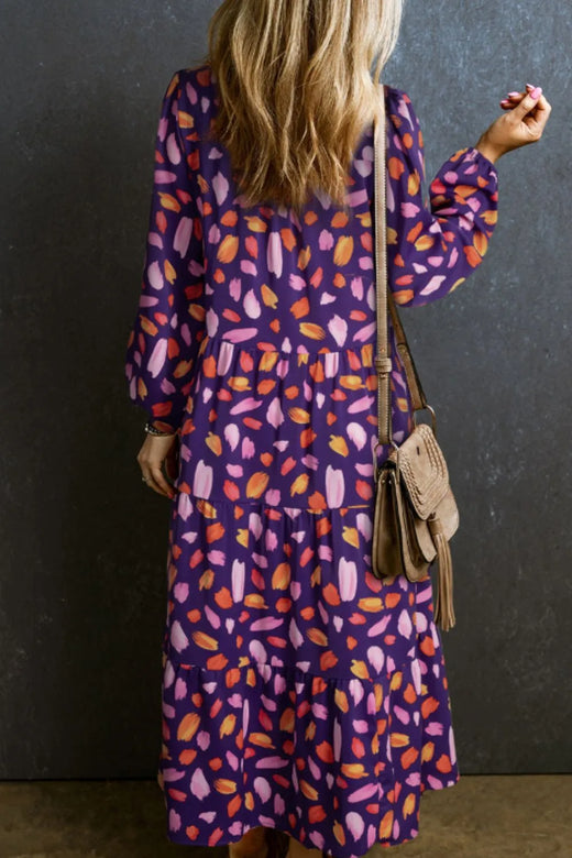 Printed Notched Long Sleeve Dress - alternate view 3