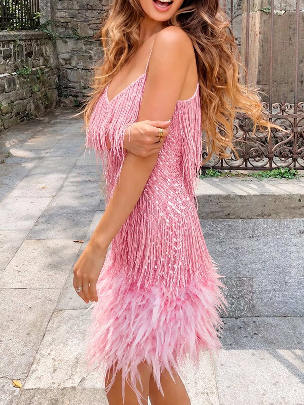Full Size Feather Fringe Sequin Mini Dress Plus Size - alternate view 12