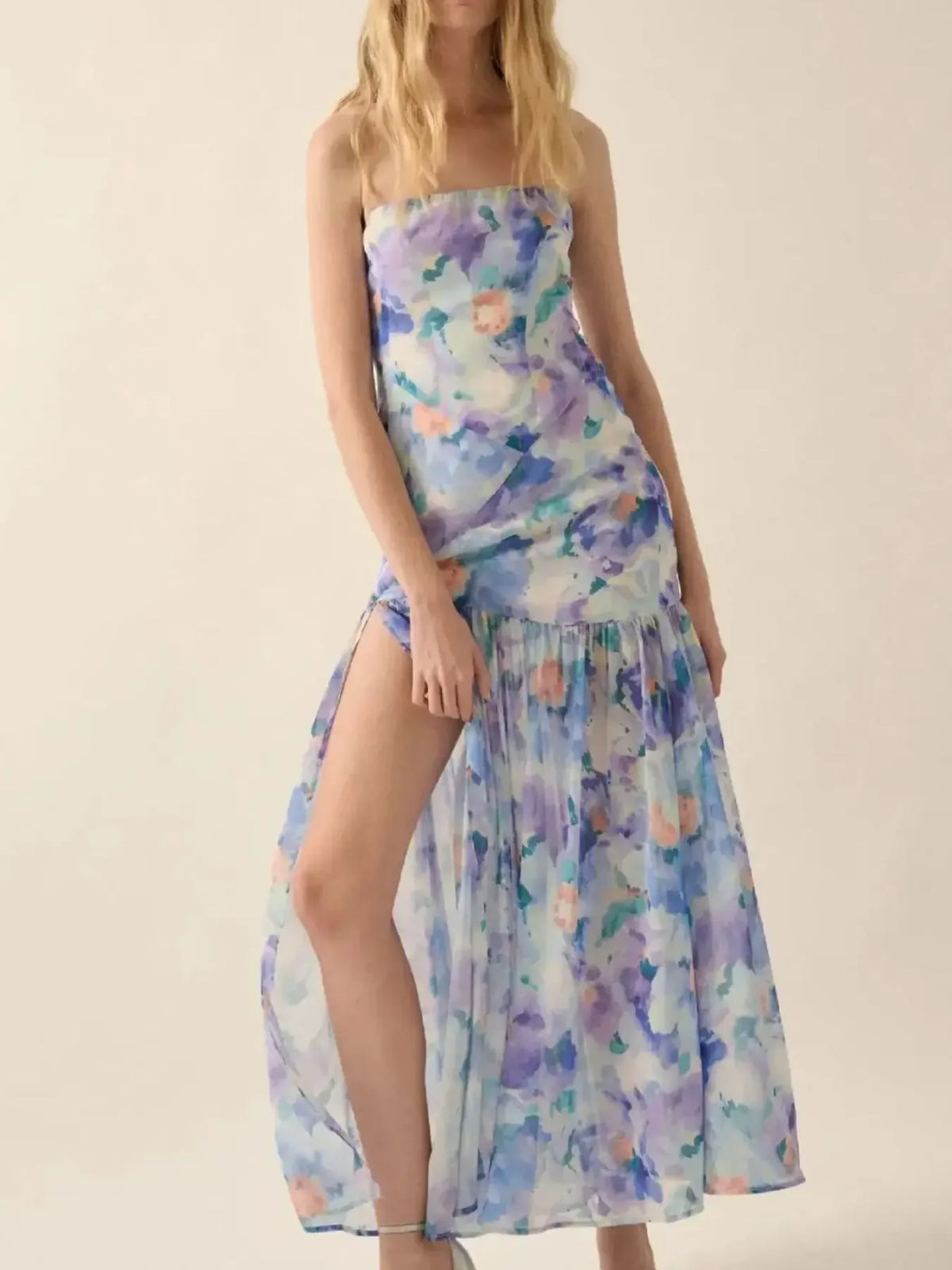 Strapless Floral Maxi Dress with Side Slit - alternate view 6