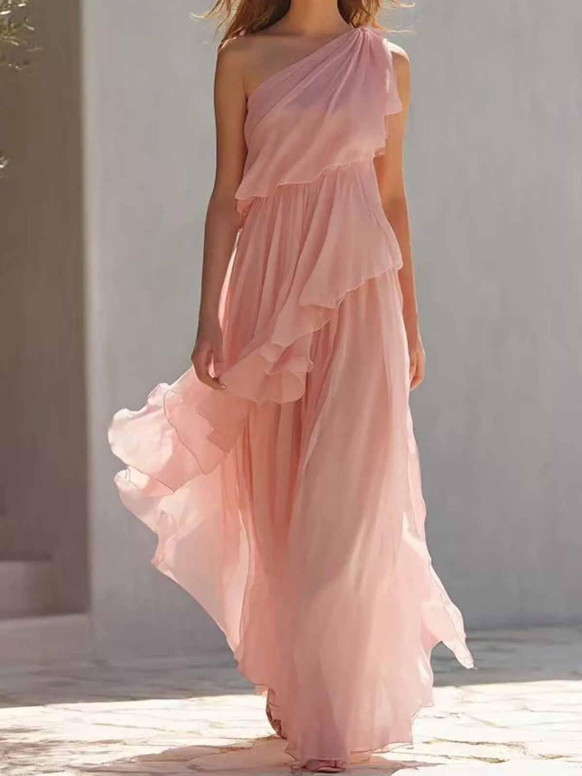 One-Shoulder Ruffled Chiffon Maxi Dress