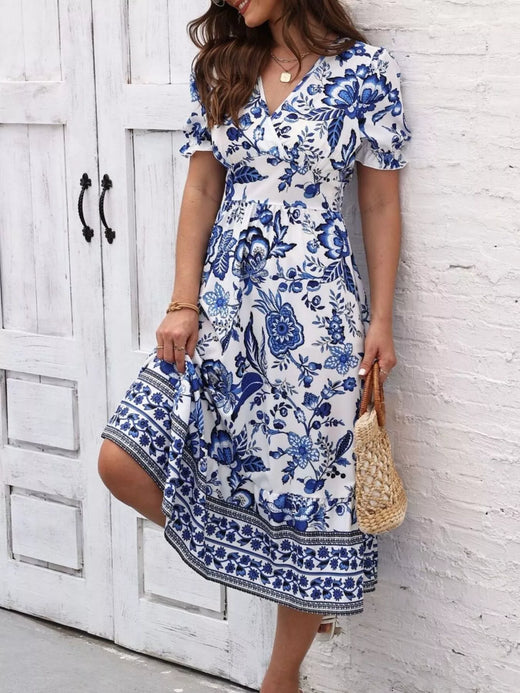 Floral Print Puff Sleeve Wrap Midi Dress - alternate view 6