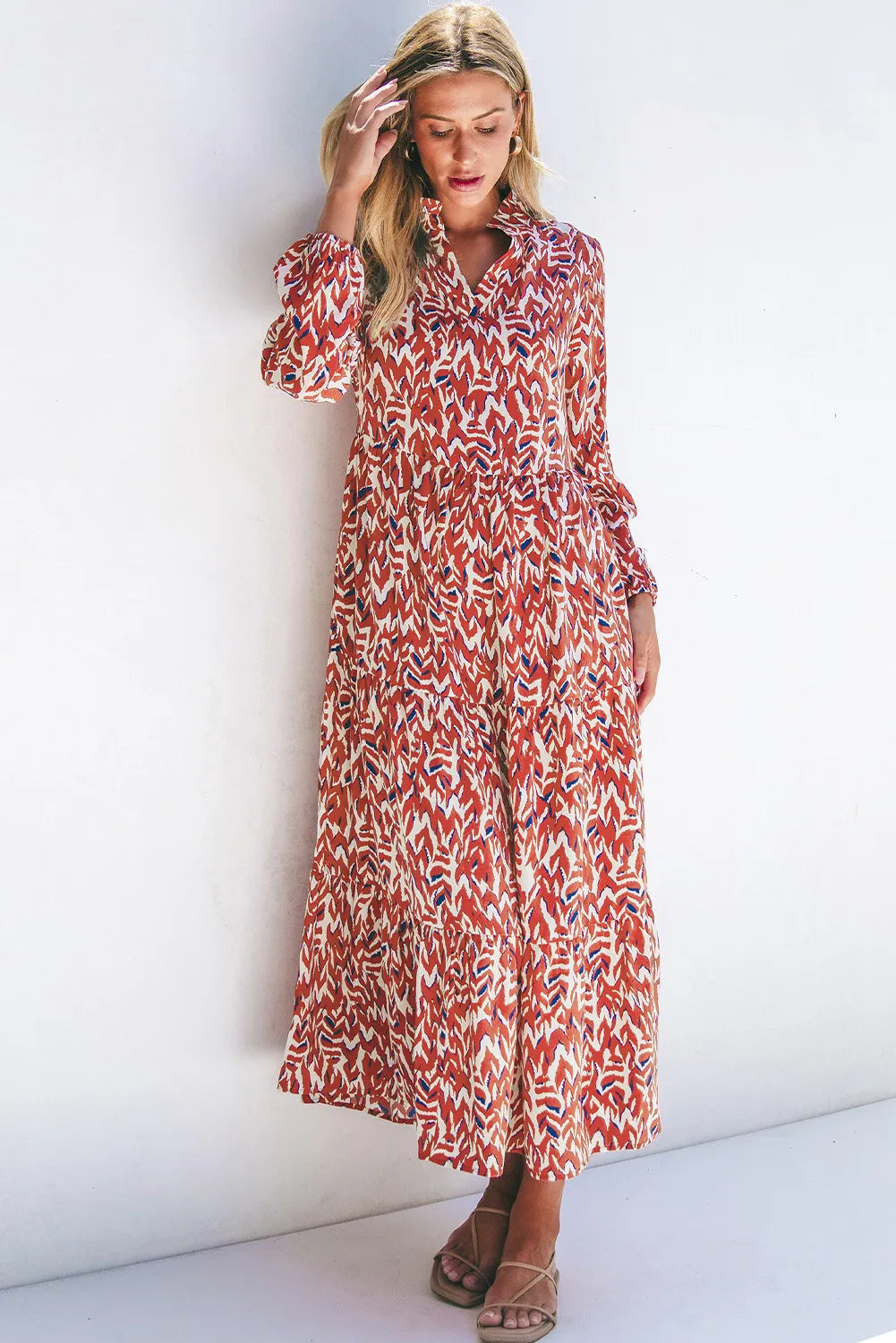 Printed Notched Long Sleeve Dress - alternate view 3