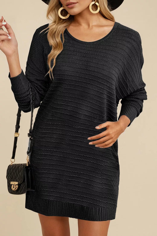 Solid Color Raised Rib Knit Dolman Sleeve Shift Sweater Dress - alternate view 3