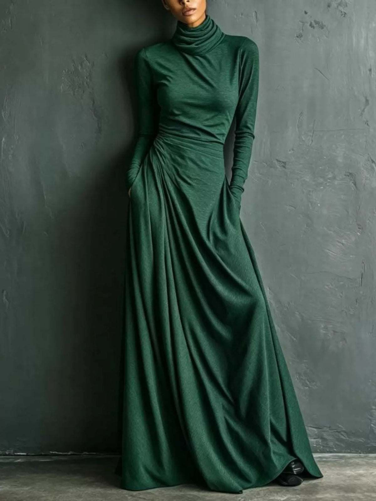Turtleneck Long-Sleeve Draped Maxi Dress