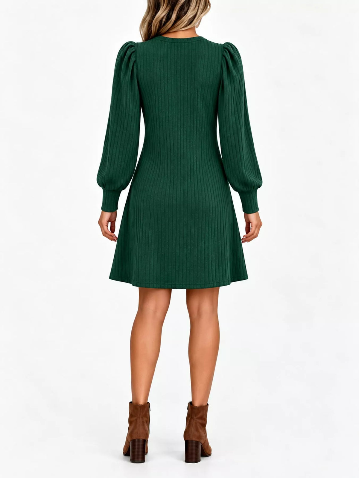 Puff Sleeve Ribbed Knit Long Sleeve Mini Dress with Pockets - alternate view 14