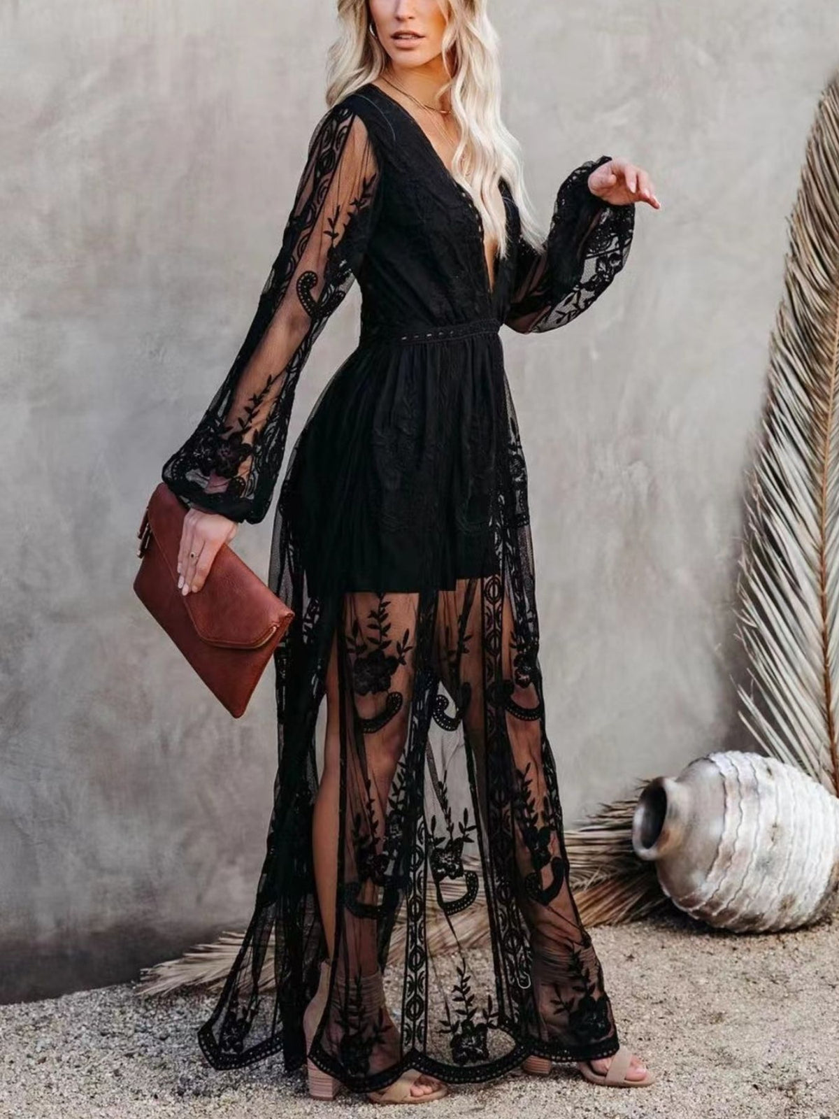 Floral Lace Slit Maxi Dress - alternate view 13