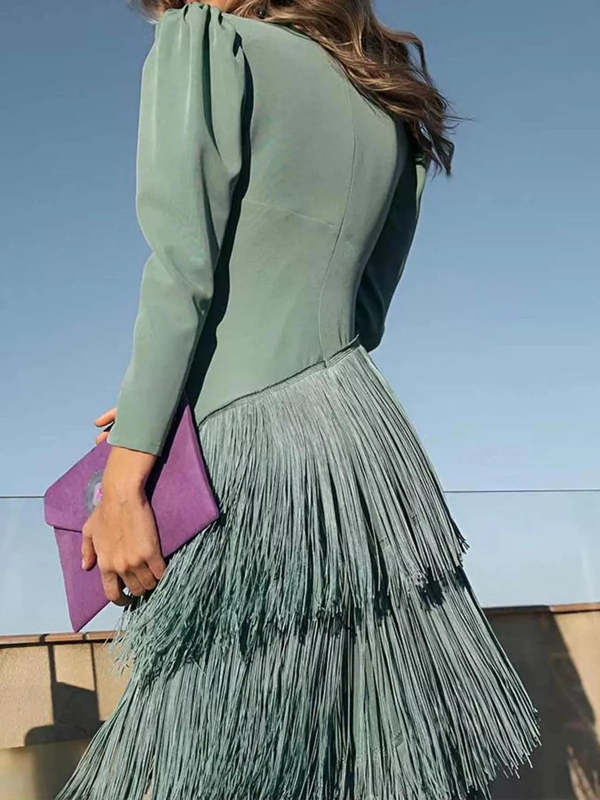 Fringed V-Neck Puff Sleeve Maxi Dress - alternate view 6