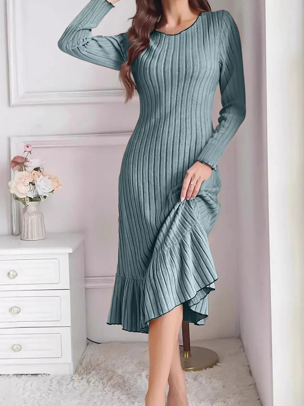 Full Size Ribbed Knit Ruffle Hem Bodycon Dress Plus Size