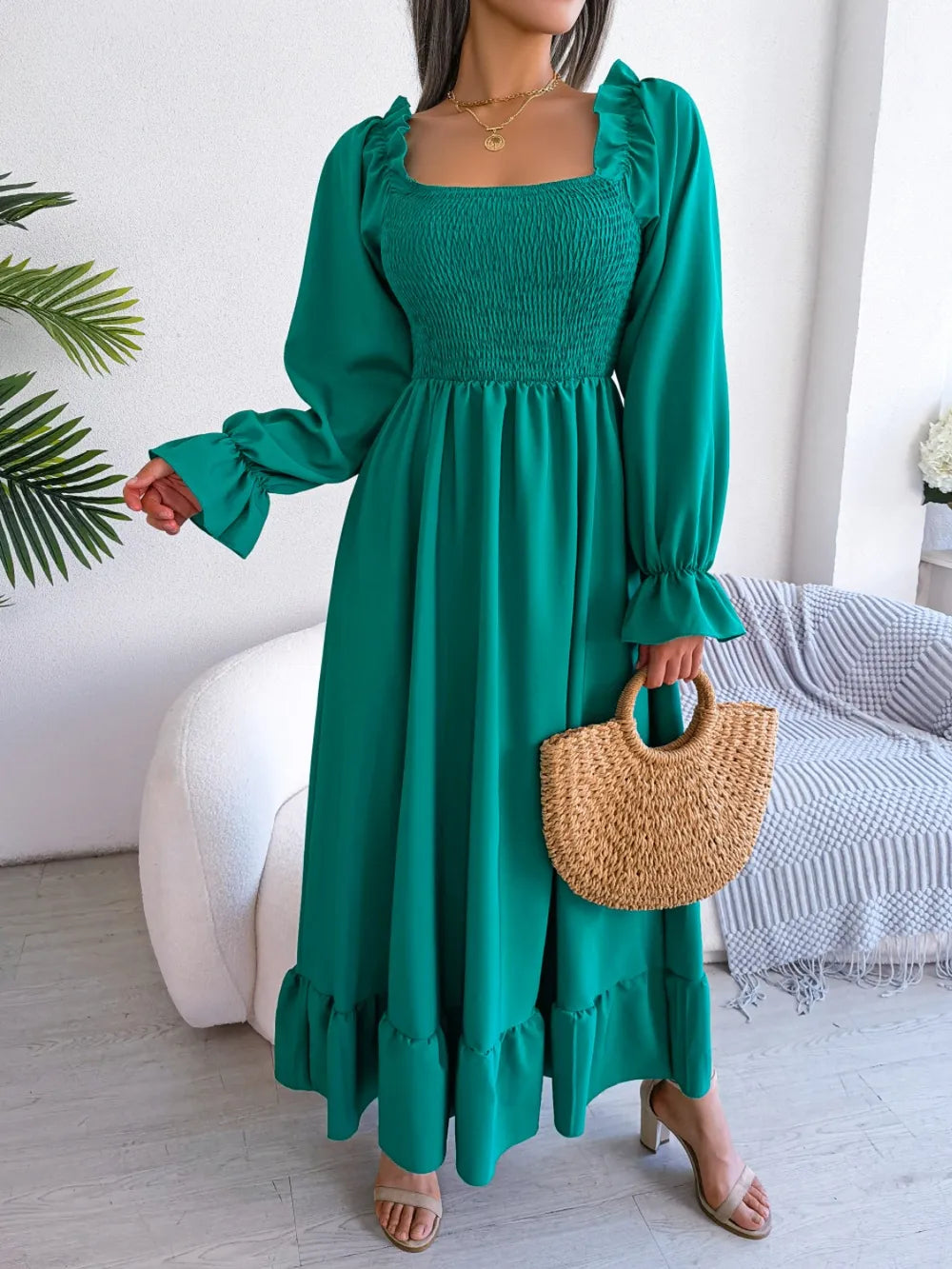 Smocked Square Neck Flounce Sleeve Dress - alternate view 17