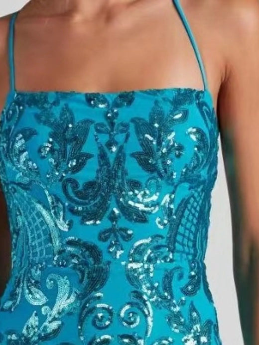 Sequin Embellished Bodycon Backless Evening Dress with Back Lace-Up - alternate view 5