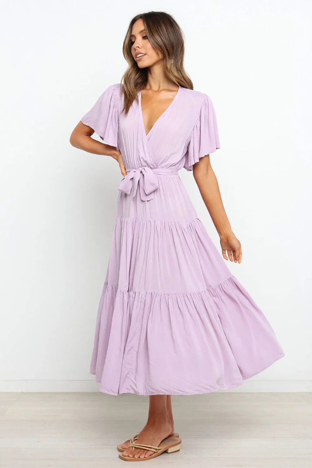 Tied Back Tiered Short Sleeve Midi Dress - alternate view 3