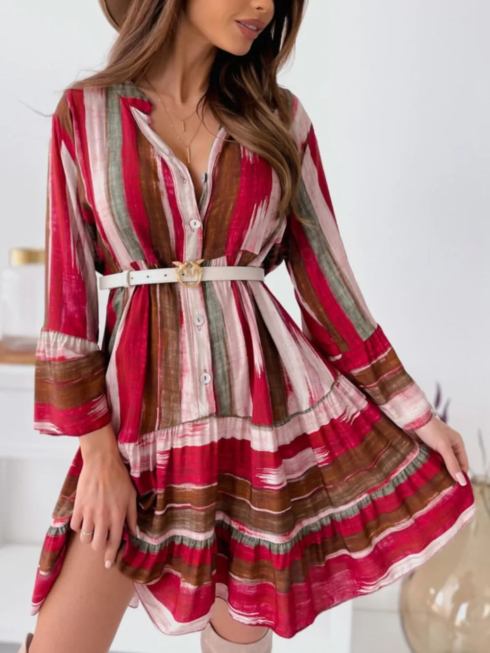 Buttoned Striped Long Sleeve Mini Dress - alternate view 4