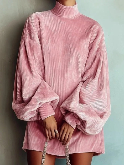 Full Size Corduroy Mock Neck Lantern Sleeve Mini Dress Plus Size