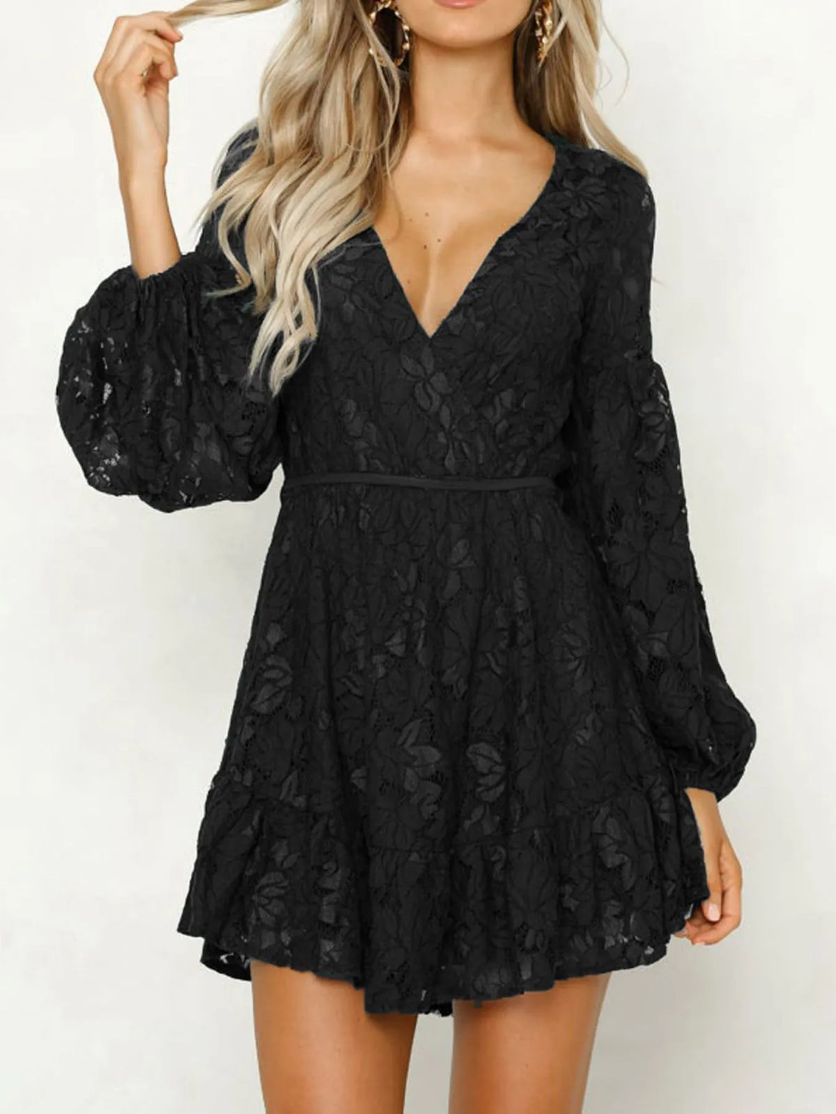 Lace V-Neck Long Sleeve Mini Dress - alternate view 8