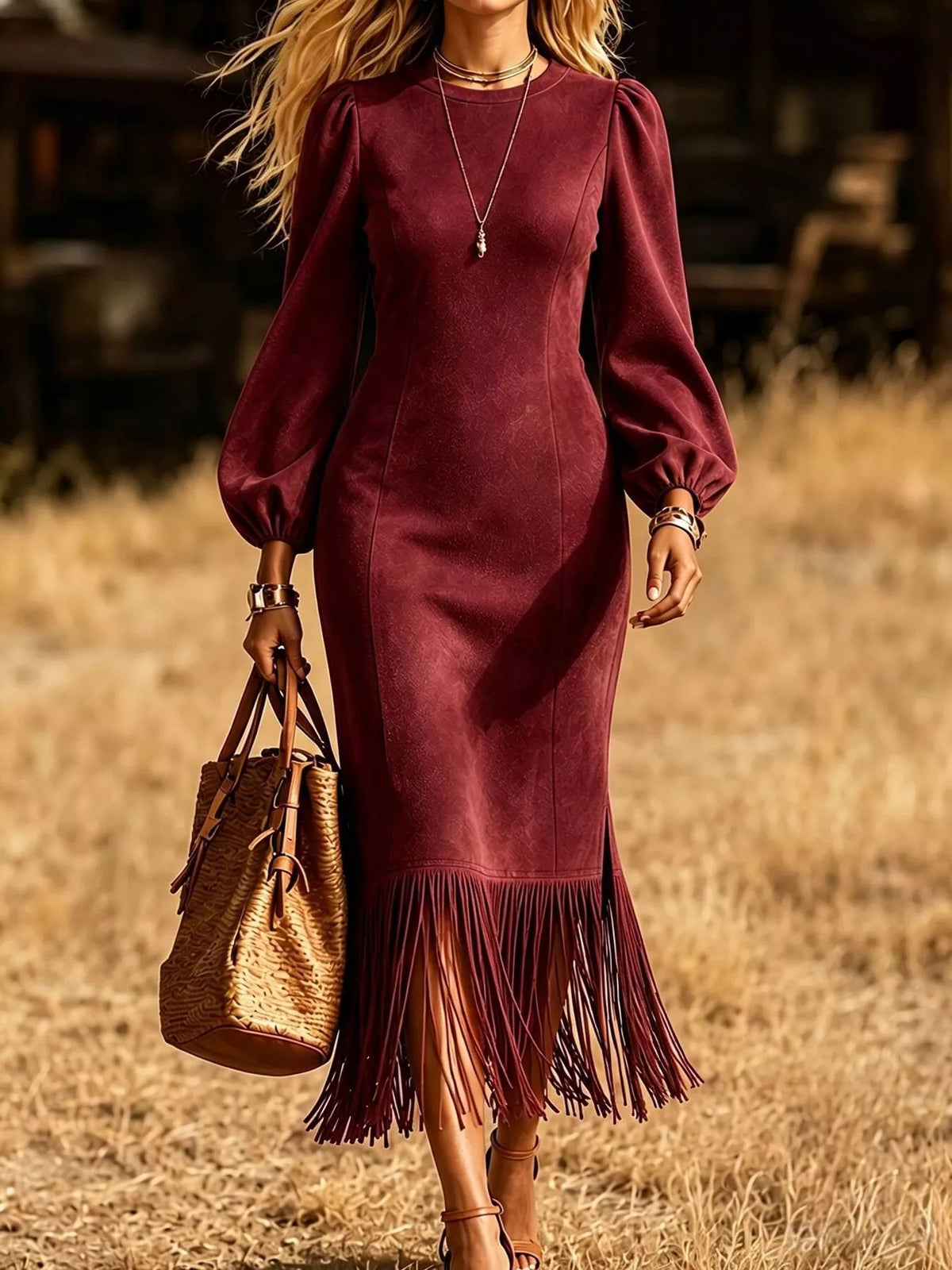 Fringe Hem Balloon Sleeve Midi Dress - alternate view 4