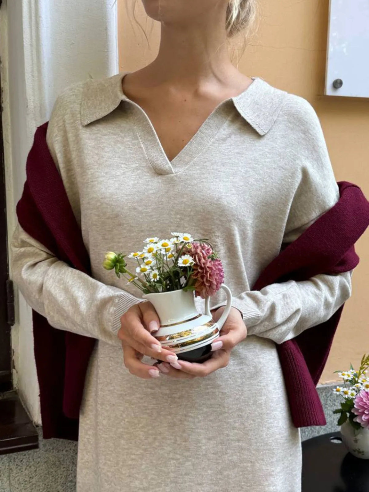 Long Sleeve Collared Neck Knit Dress - alternate view 13