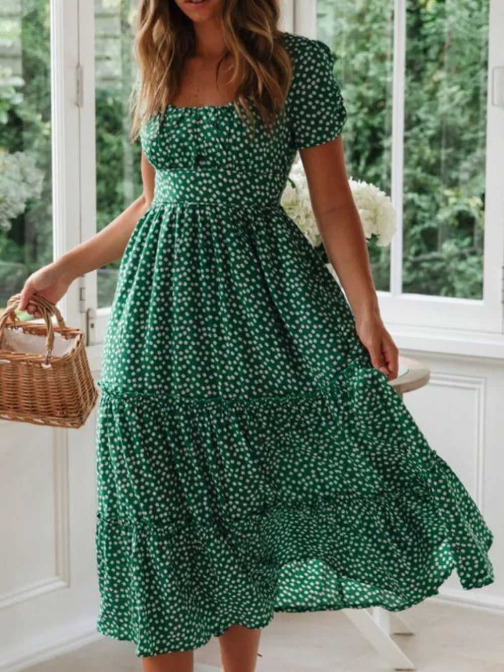 Printed Square Neck Short Sleeve Midi Dress