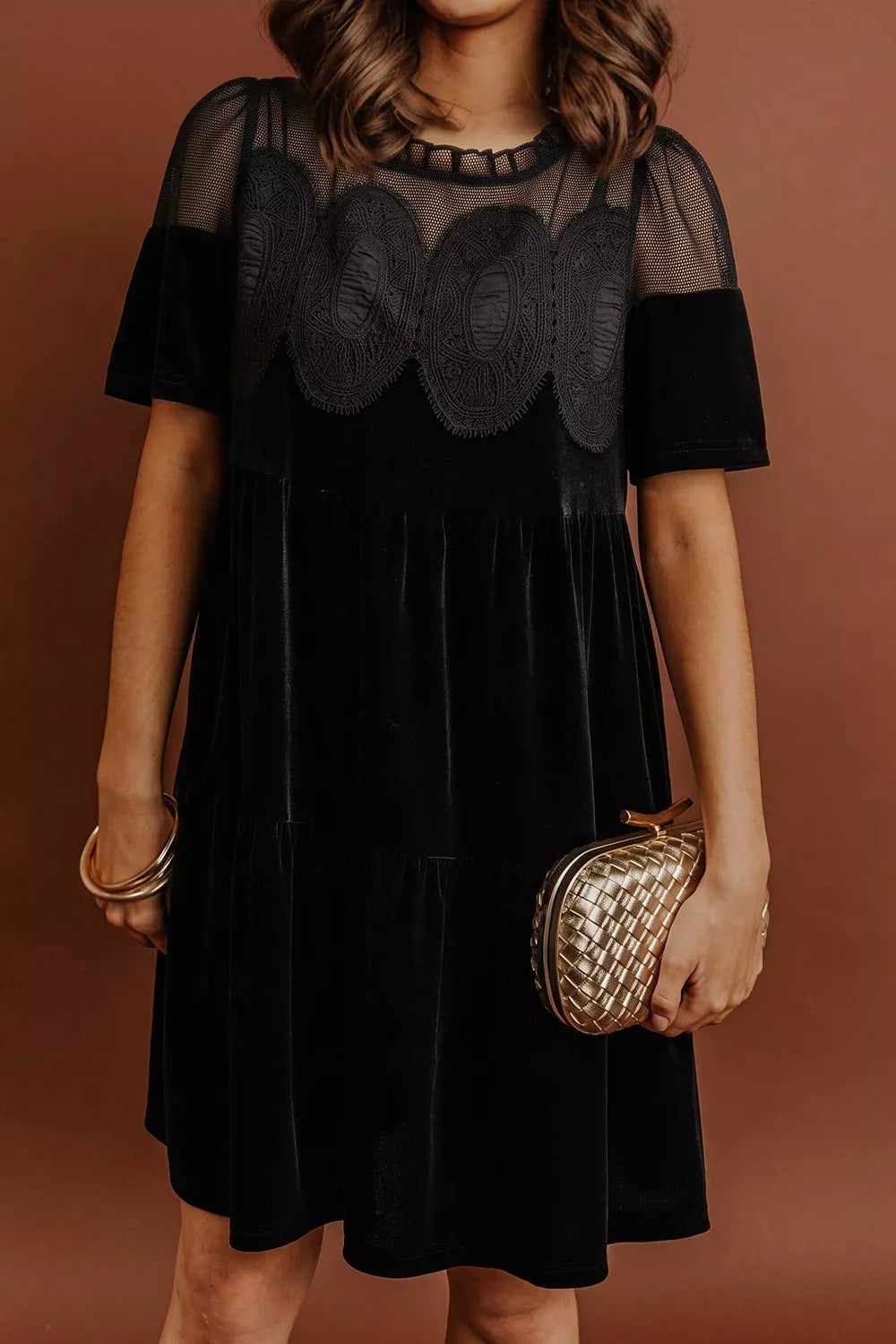 Embroidered Velvet Short Sleeve Mini Shift Dress - alternate view 3