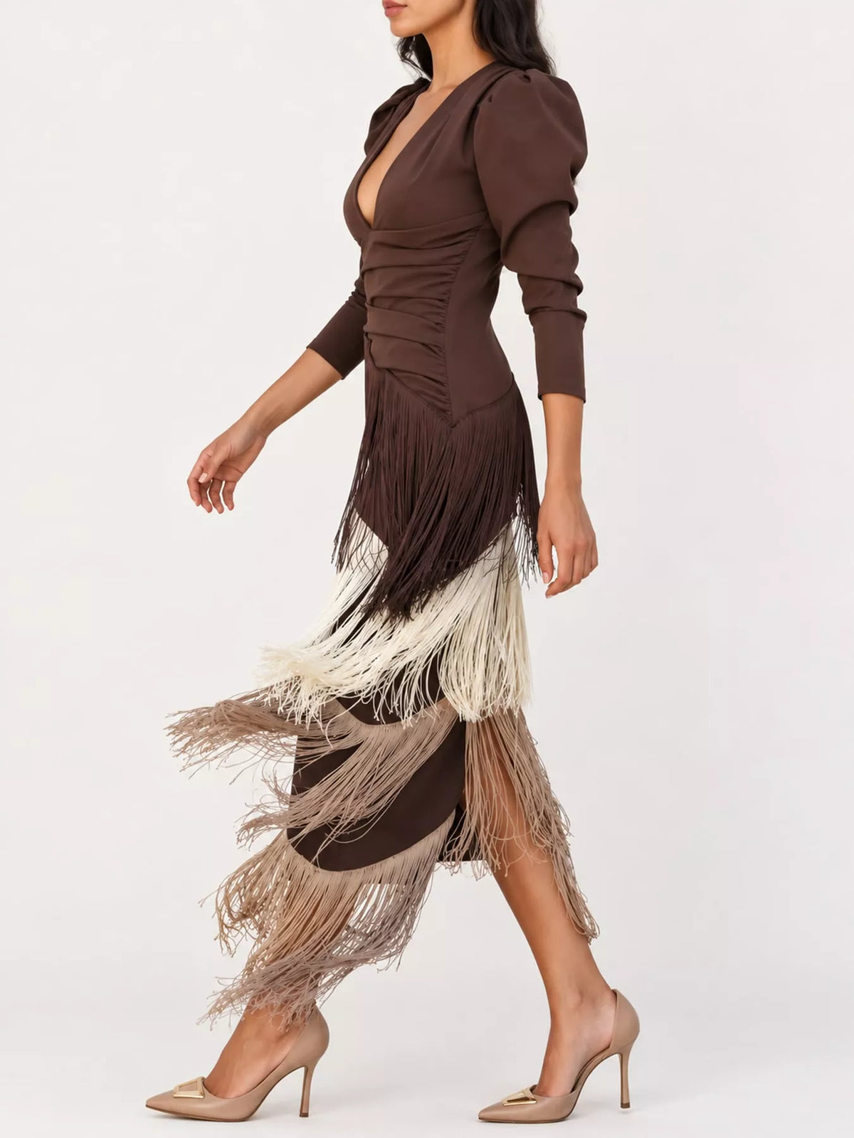 Fringed V-Neck Puff Sleeve Maxi Dress - alternate view 18