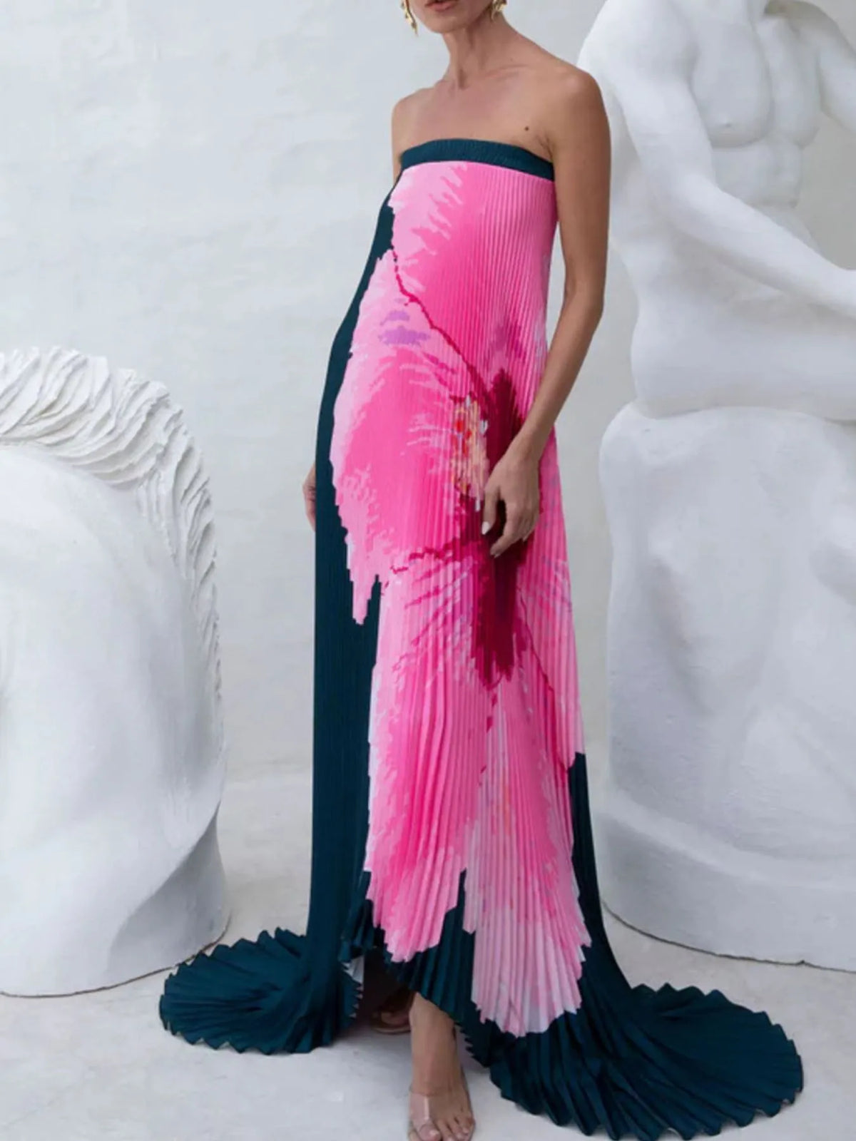 Pleated Printed Tube Floor Length Dress - alternate view 6