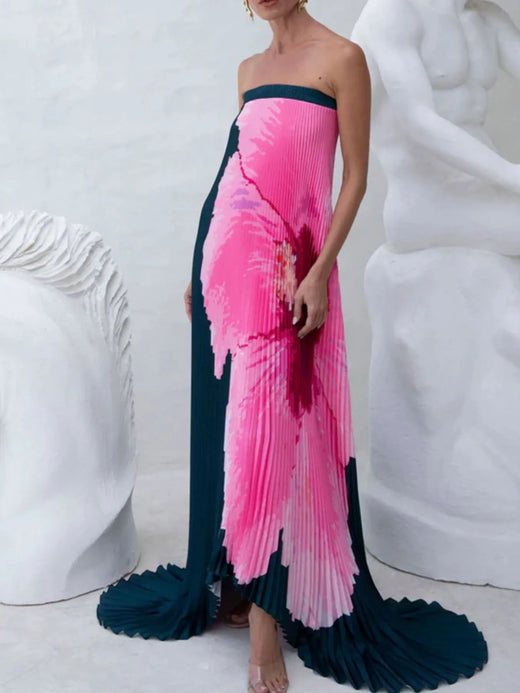Pleated Printed Tube Floor Length Dress - alternate view 6
