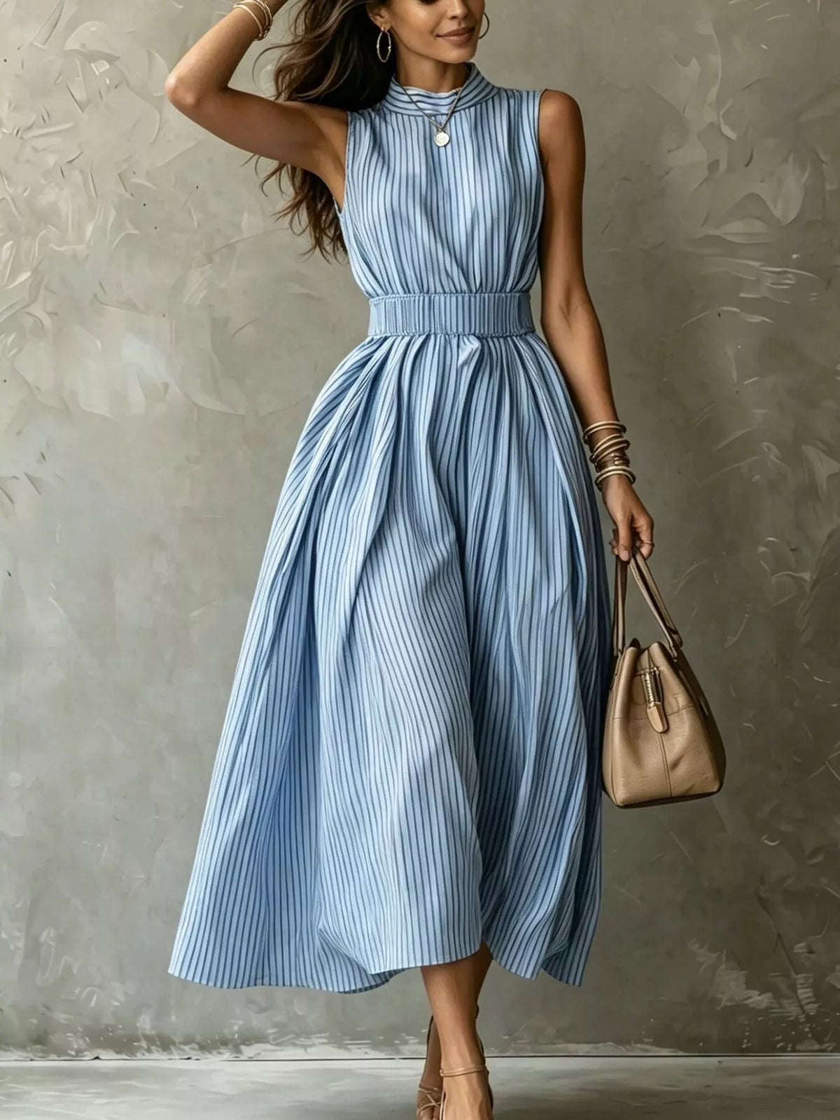 Striped Mock Neck Sleeveless Maxi Dress - alternate view 5