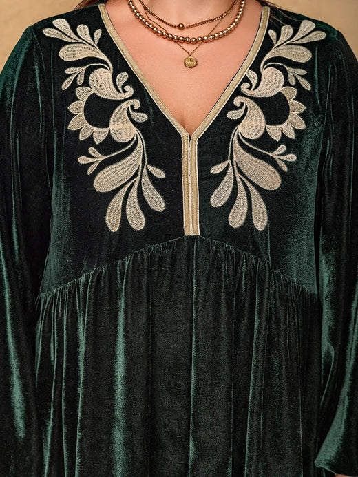 Embroidered V-Neck Long Sleeve Dress - alternate view 3