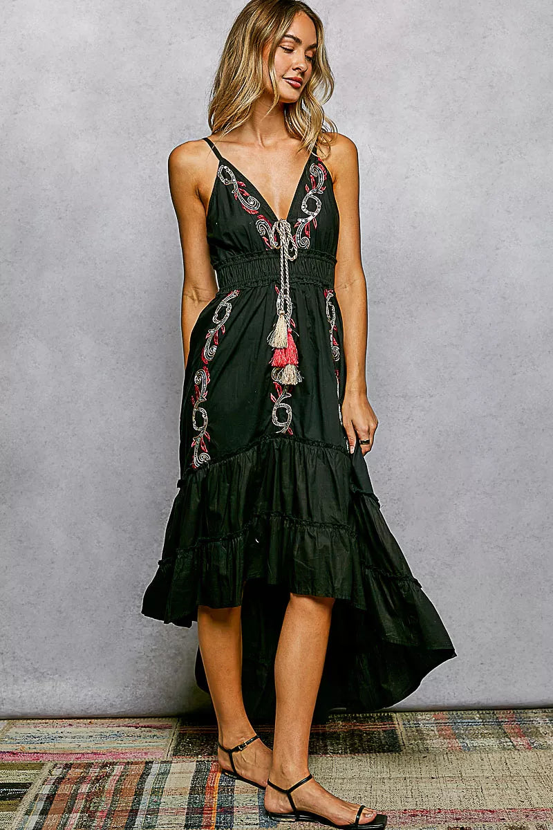 POL Embroidered Detail Tassel Tie Smocked Waist Midi Tiered Cami Dress - alternate view 2