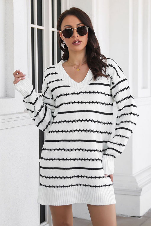 Striped V-Neck Sweater Dress - alternate view 3