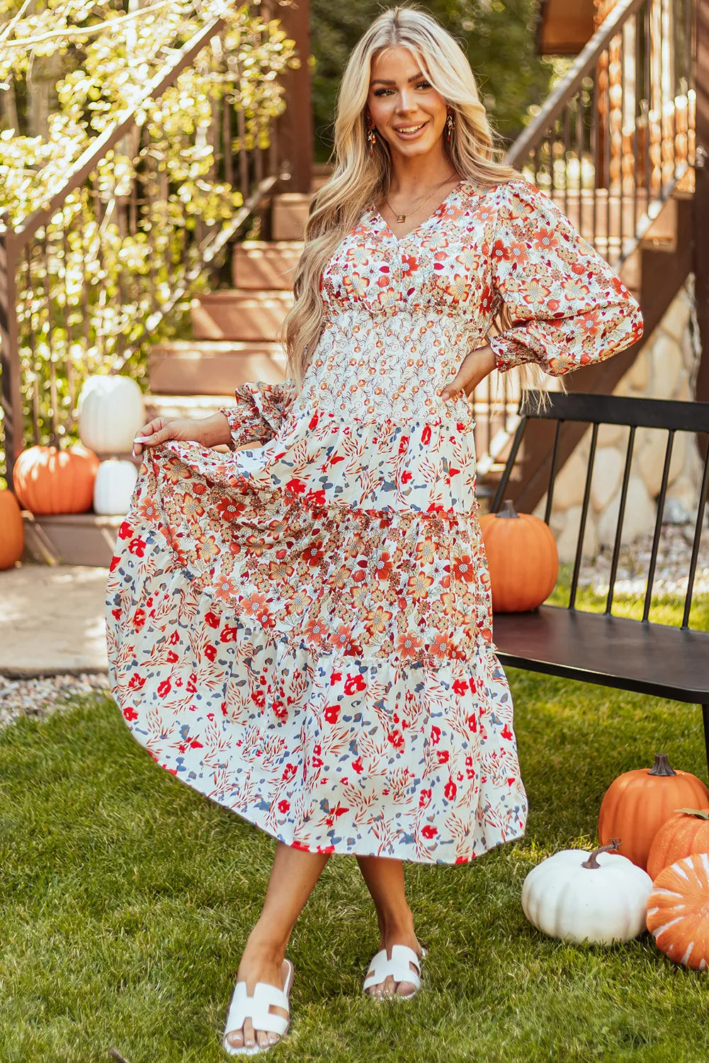 Full Size Printed V-Neck Lantern Sleeve Midi Dress - alternate view 2