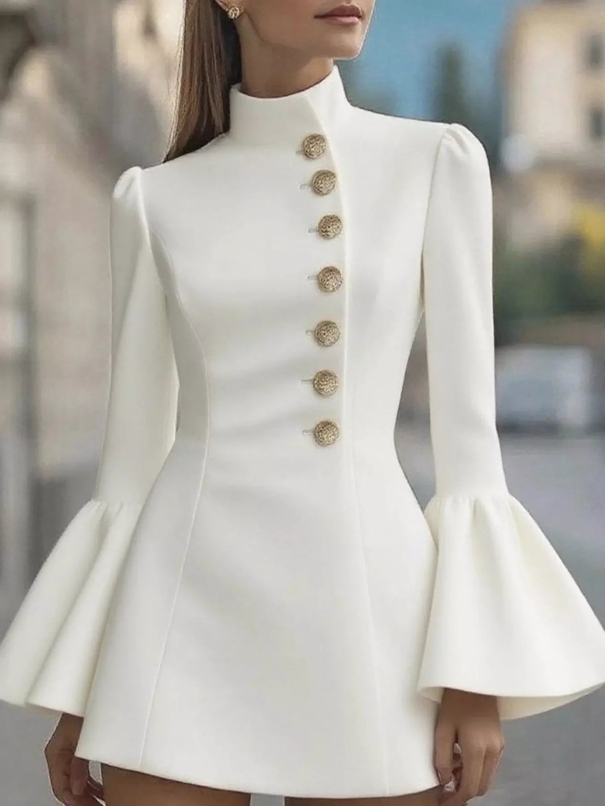 Bell Sleeve Mini Dress with Front Button - alternate view 7
