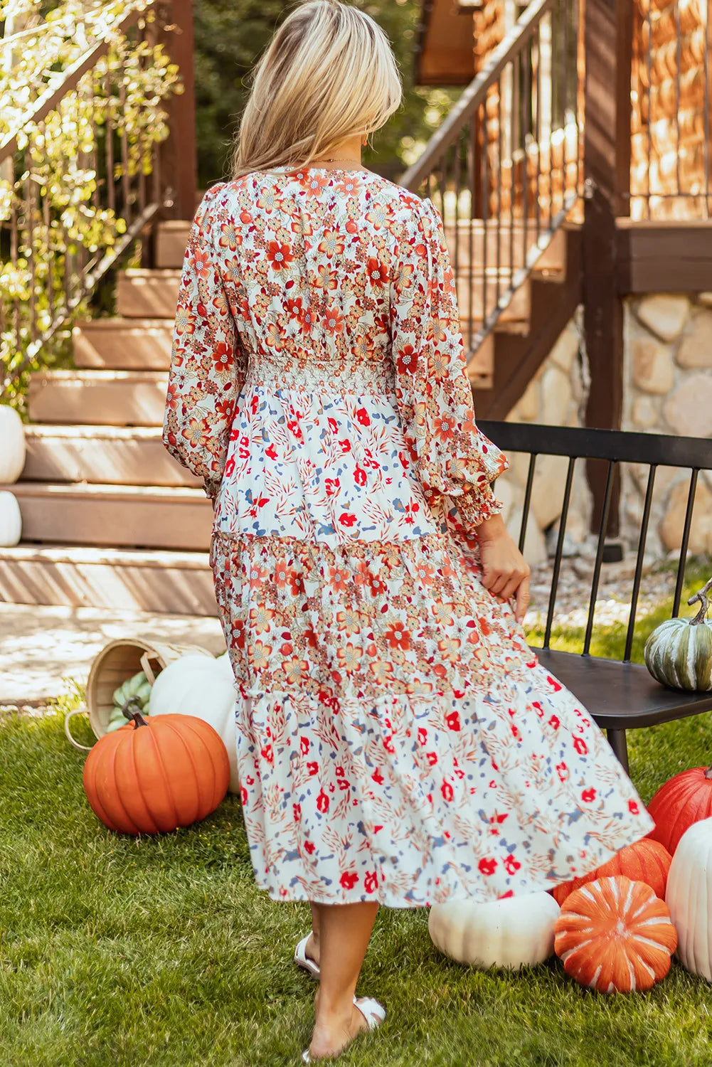 Full Size Printed V-Neck Lantern Sleeve Midi Dress - alternate view 5