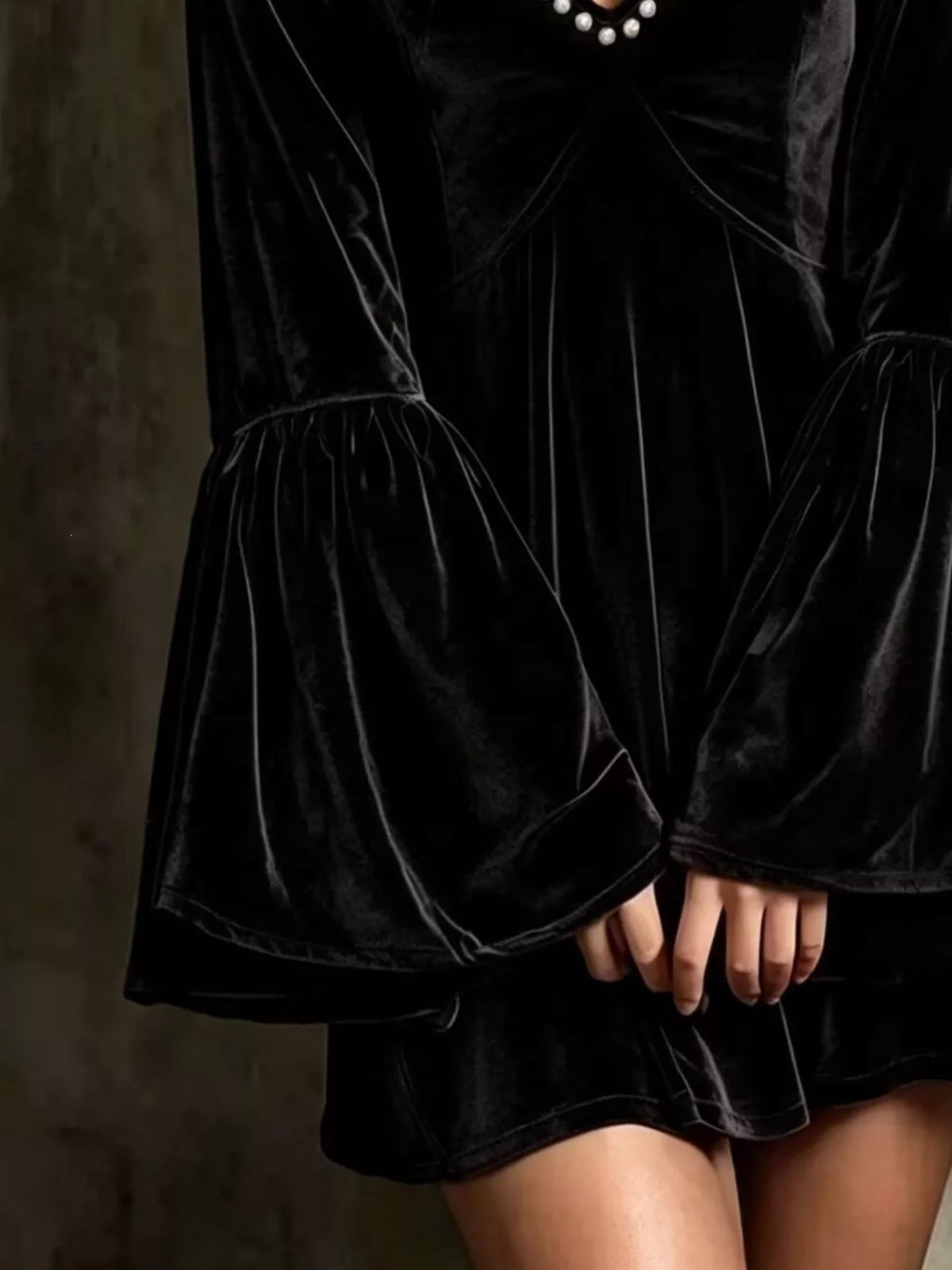 Full Size Velvet Bell-Sleeve Mini Dress with Pearl Embellished V-Neck Plus Size - alternate view 7
