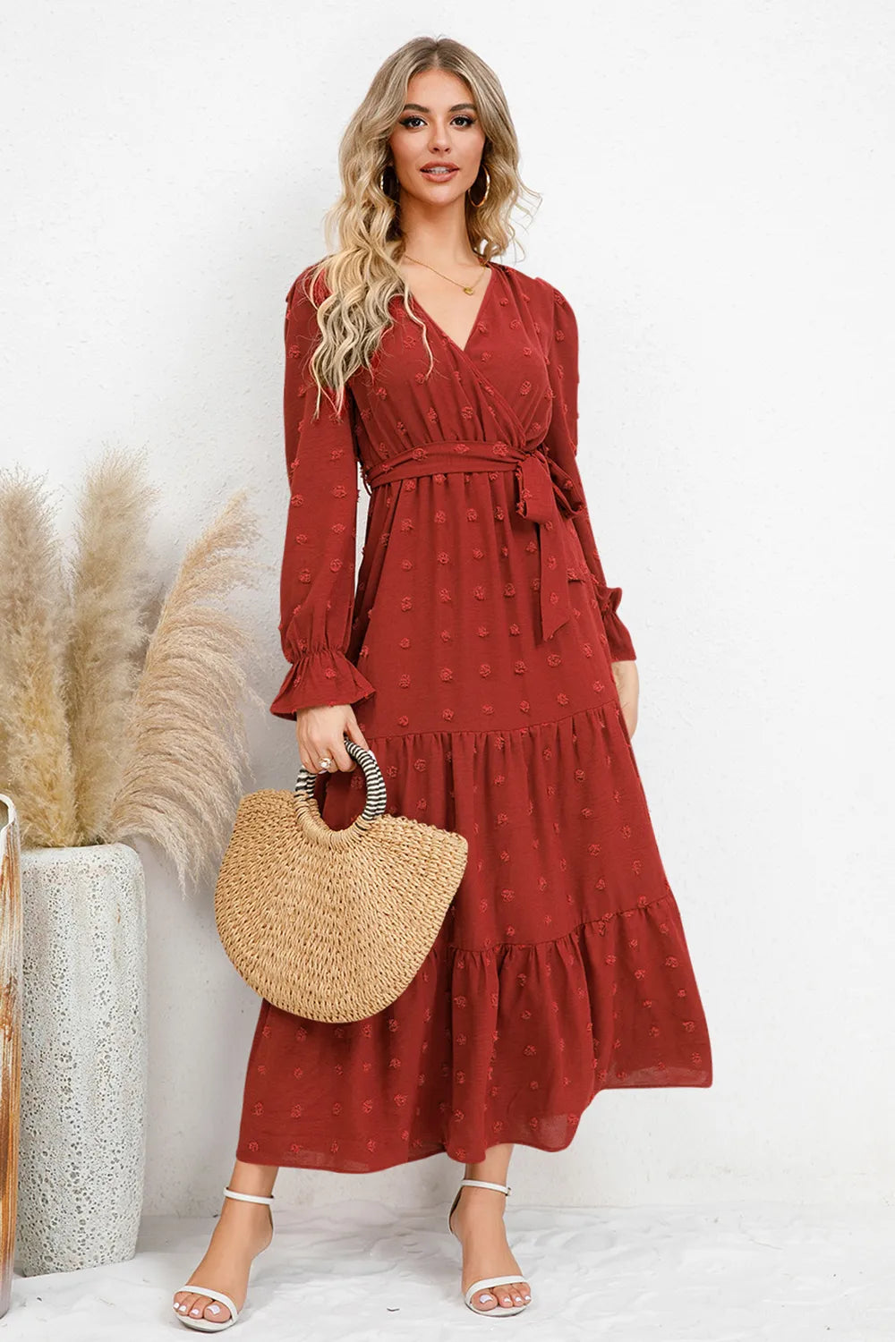 Swiss Dot Tied Surplice Flounce Sleeve Dress - alternate view 7