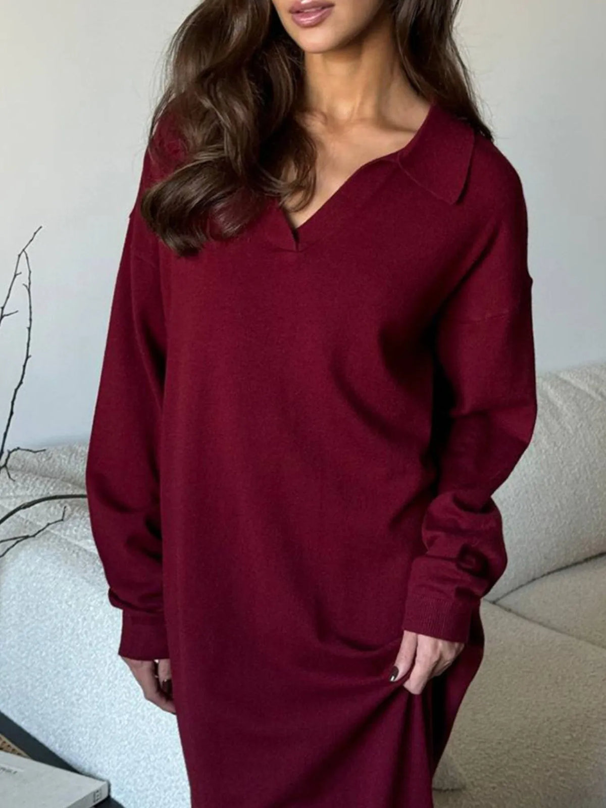 Long Sleeve Collared Neck Knit Dress - alternate view 10
