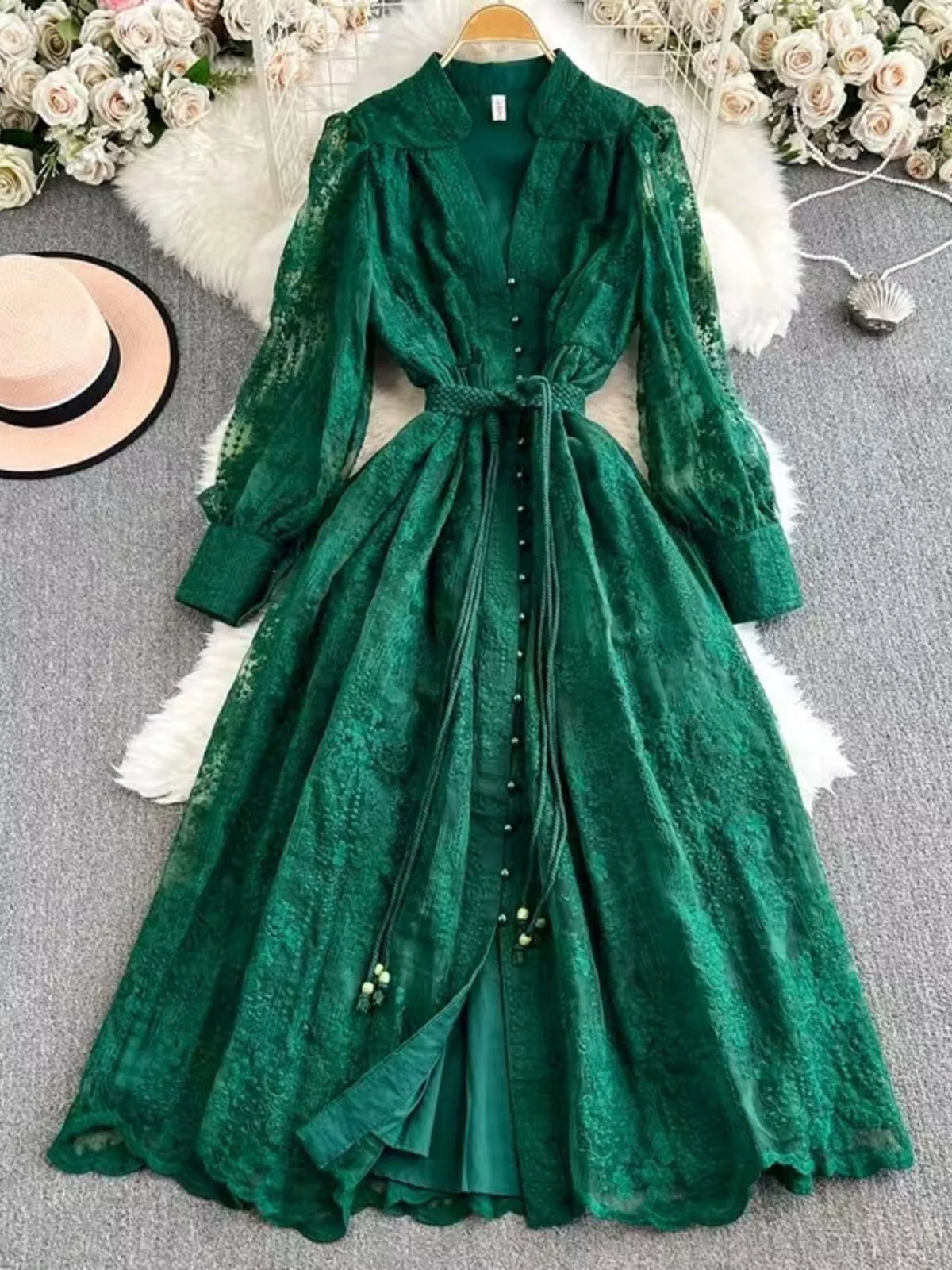 Lace Tie Waist Long Sleeve Dress - alternate view 3