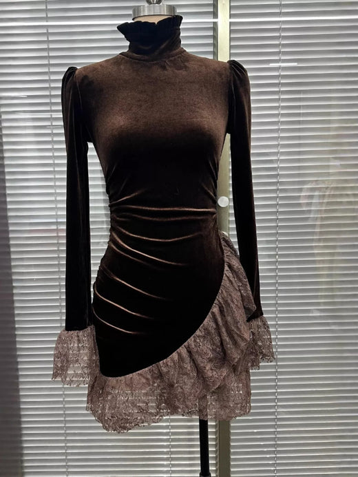 Velvet Mock Neck Mini Dress with Lace Ruffle Trim - alternate view 3