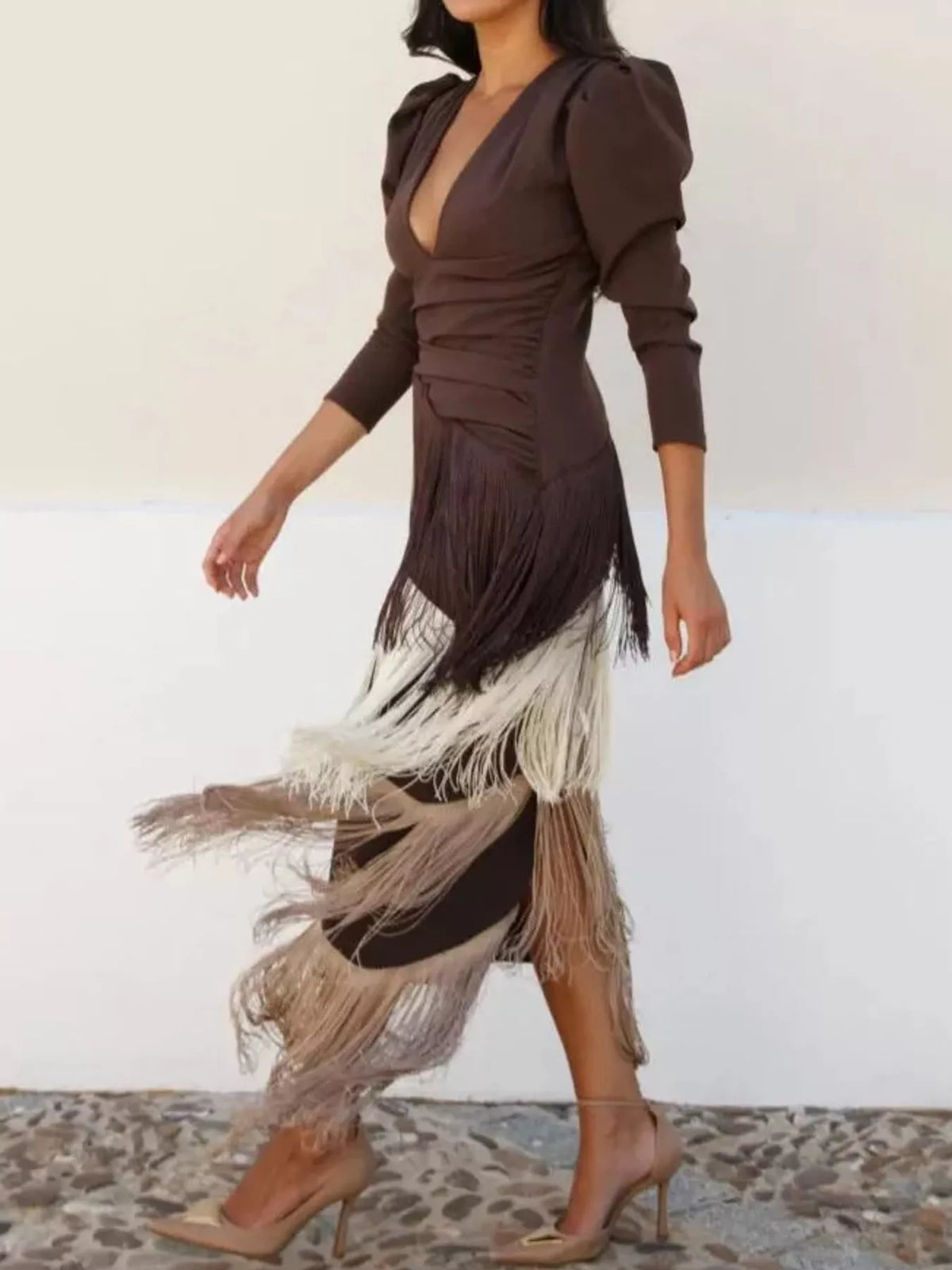 Fringed V-Neck Puff Sleeve Maxi Dress - alternate view 16