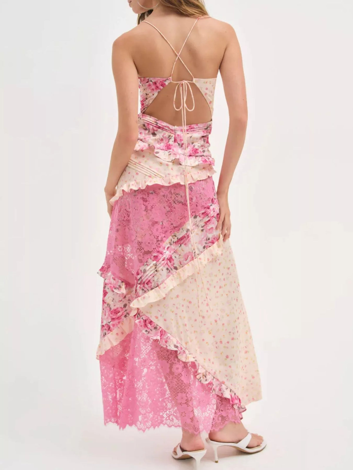 Lace Floral Print Ruffle Trim Maxi Dress - alternate view 3