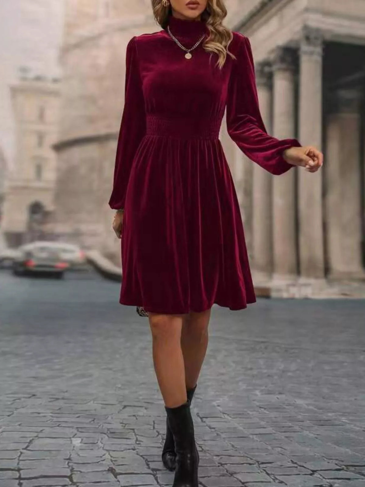 Velvet High Neck Long Sleeve A-Line Dress - alternate view 3