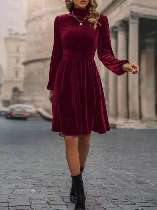 Velvet High Neck Long Sleeve A-Line Dress - alternate view 3