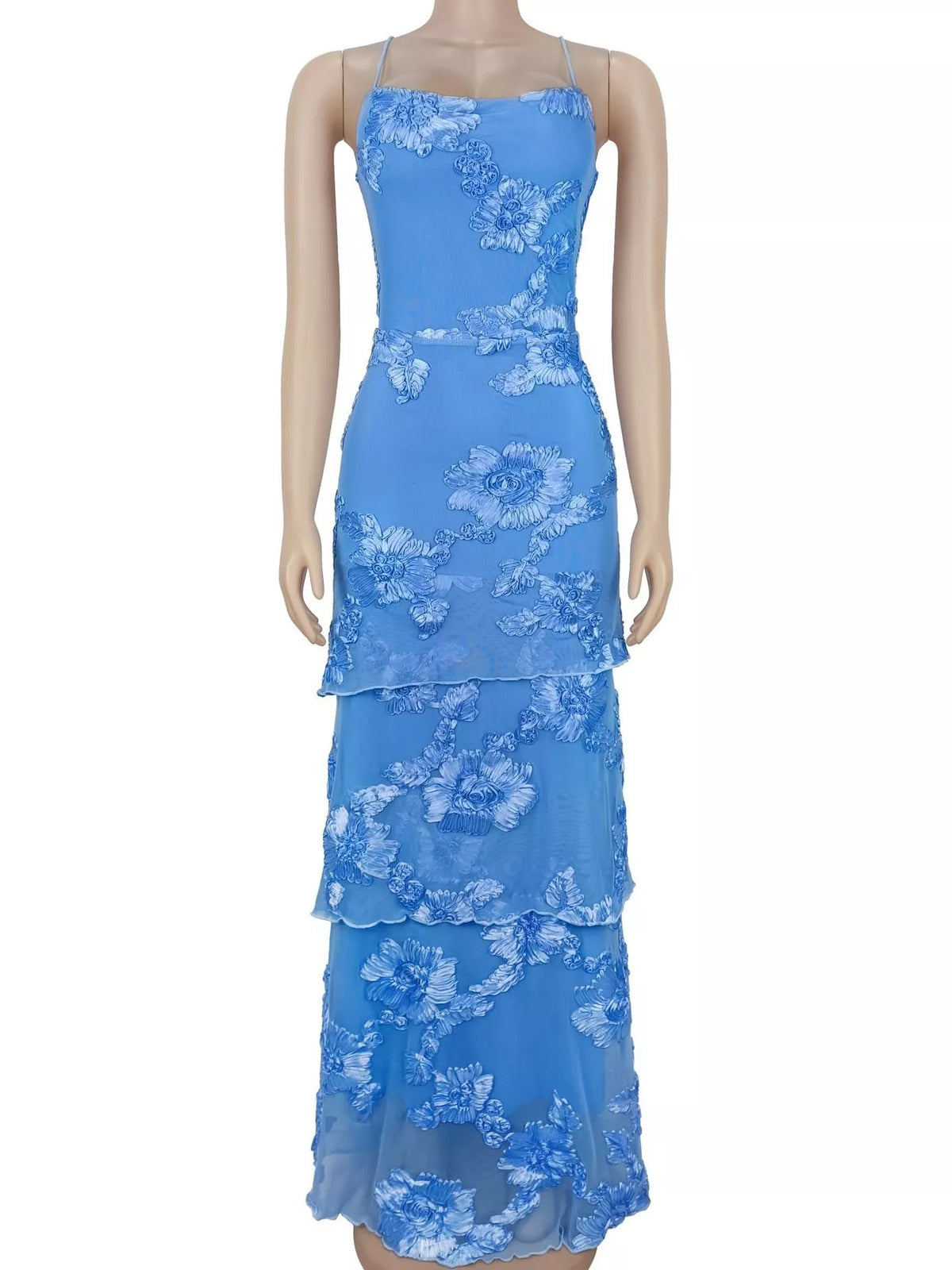 Floral Applique Tiered Maxi Dress with Lace Up Detail - alternate view 4
