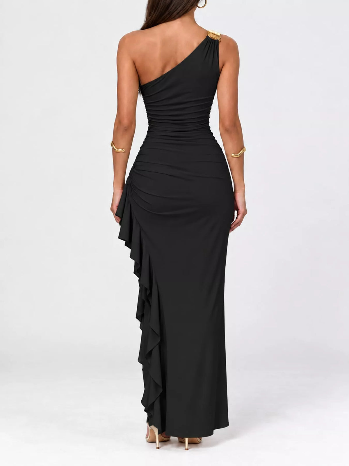 One-Shoulder Ruched Ruffle Hem Maxi Dress - alternate view 10